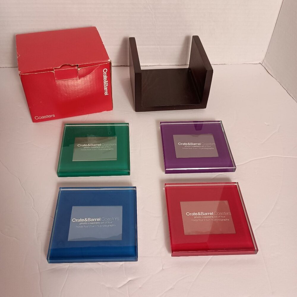 Crate and Barrel Jewel Glass Photo Coasters Set of 4 with Espresso Wood Holder